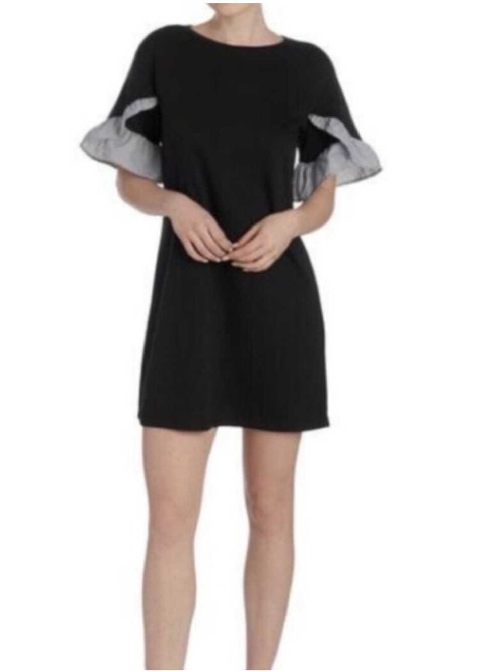 Luxology Minimalist Feminine Black and White Parisian Chic Flutter Sleeve Dress